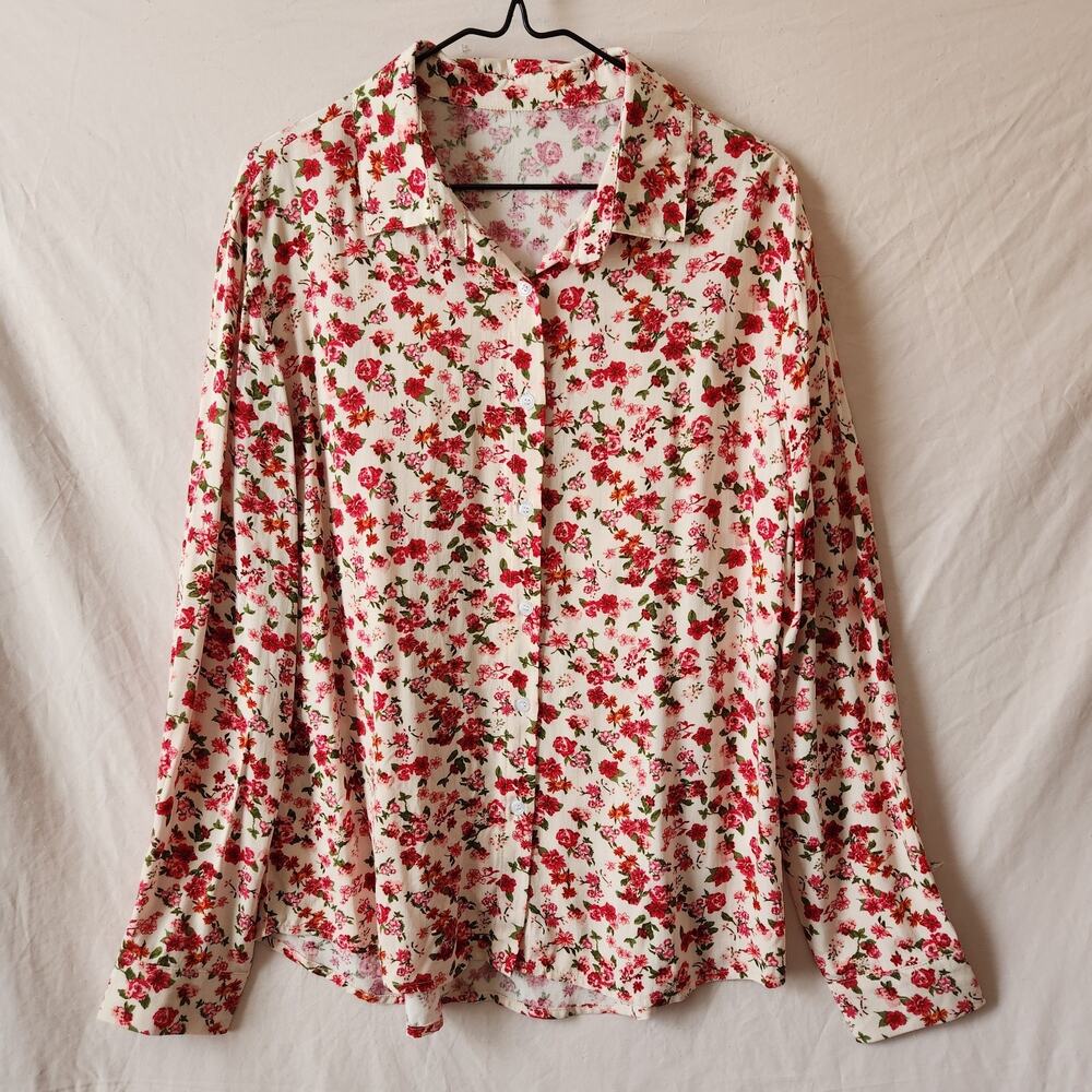Size Small Red Pink Mini Floral Soft Button Up Blouse Feminine Romantic Top - Picture 7 of 7